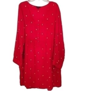 Simply‎ Be Women's Red Print Scoop Neck Long Sleeve Rayon Shift Dress